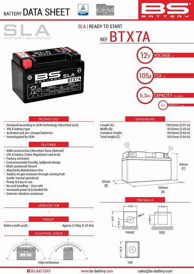 SYMPHONY 125 (2016 - 2022) btx7a sla 12v battery | BS BATTERY