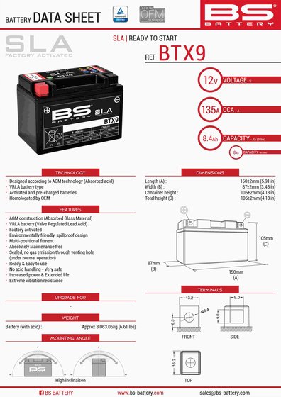 JOYRIDE 125 (2001 - 2016) btx9 sla 12v 135 a battery | BS BATTERY