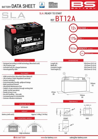 GTS JOYMAX 300 (2011 - 2022) bt12a sla 12v 175 a battery | BS BATTERY