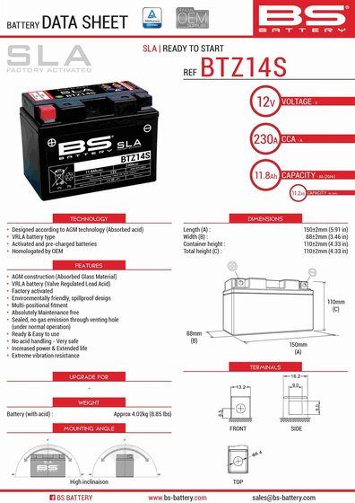 MAXSYM 400 (2012 - 2016) btz14s sla akumuliatorius | BS BATTERY